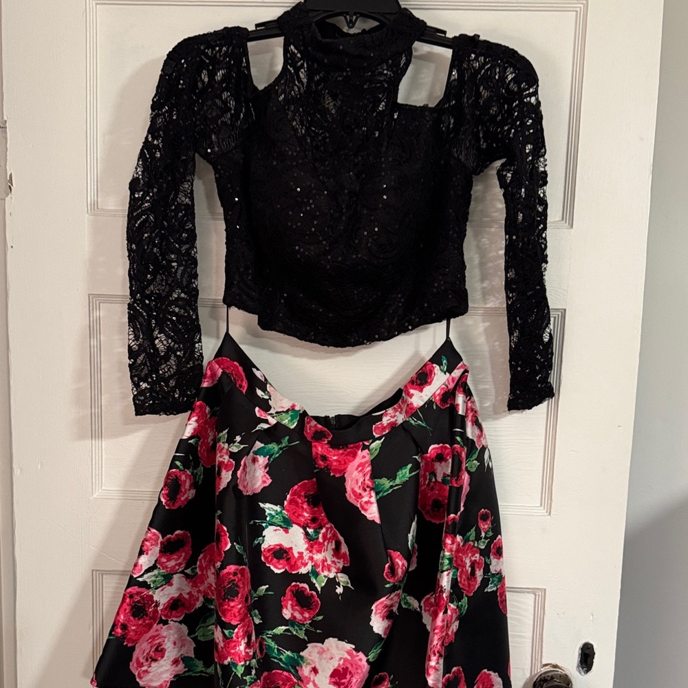 B Darlin Black Lace Top with Floral Skirt